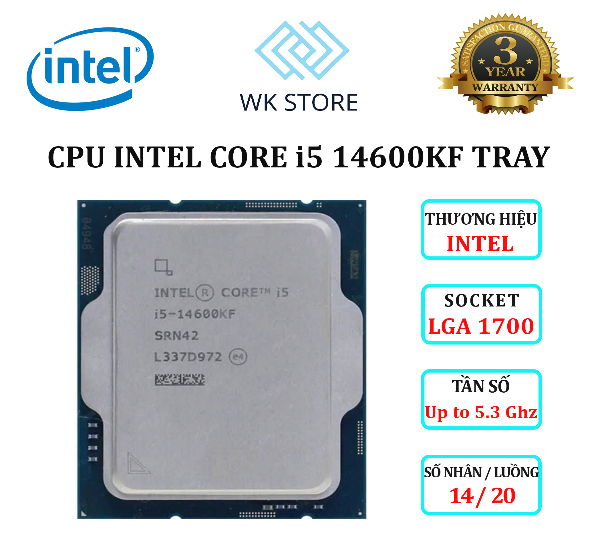 CPU Intel Core i5 14600KF Tray up to 5.3GHz / 14 Nhân 20 Luồng / LGA 1700