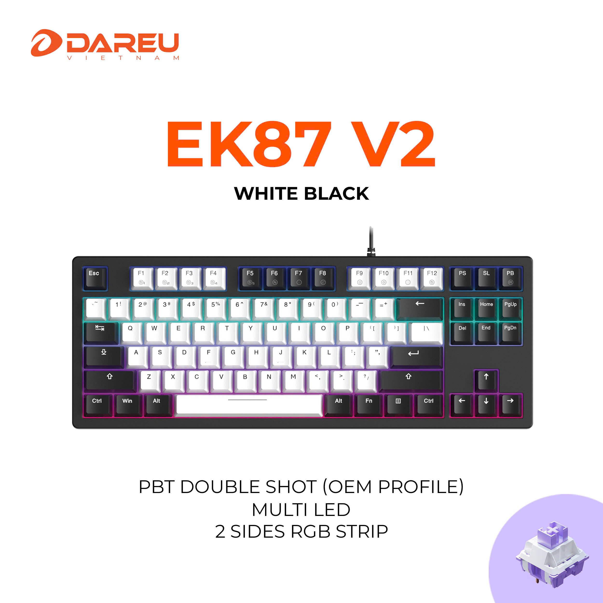 Bàn phím cơ Gaming DAREU EK87 v2 WHITE x BLACK