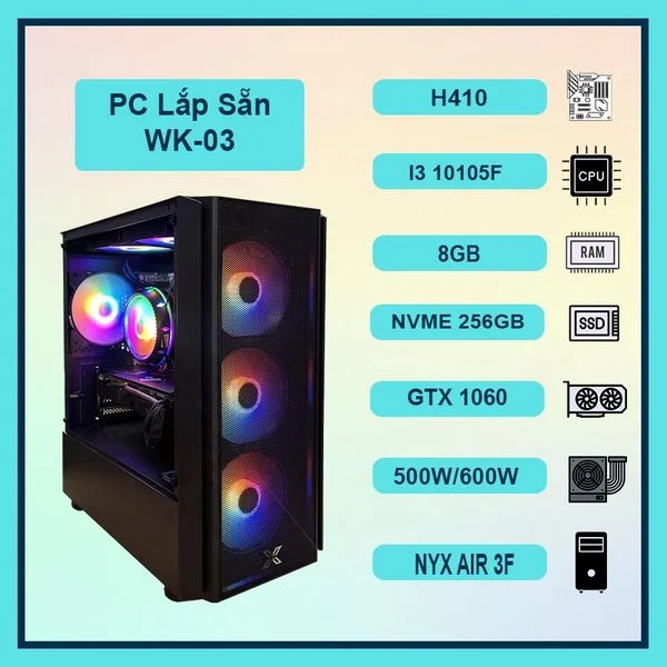 PC Gaming WK-03 CORE I3 10105F, VGA GTX 1060/1660S/2060, 8GB RAM